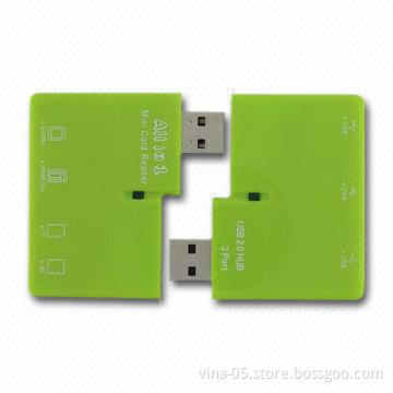 Combo Card Reader with Three-port Hub, Supports Memory Stick Pro and T-flash Cards